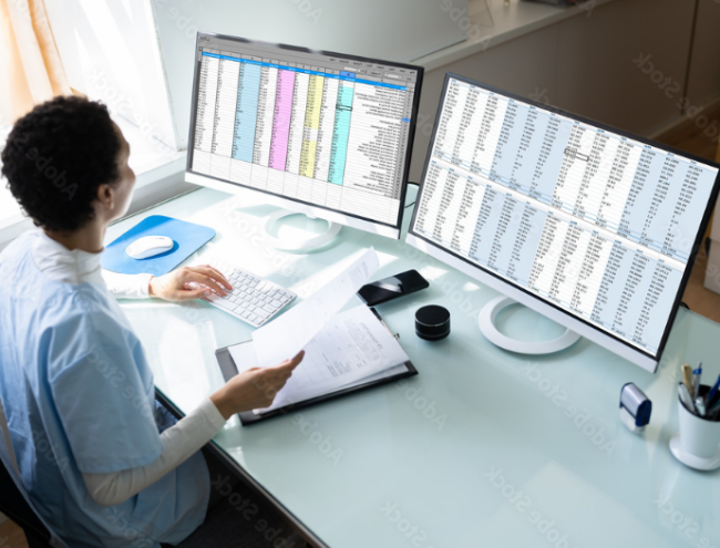 Woman seated at a desk with two computer monitors